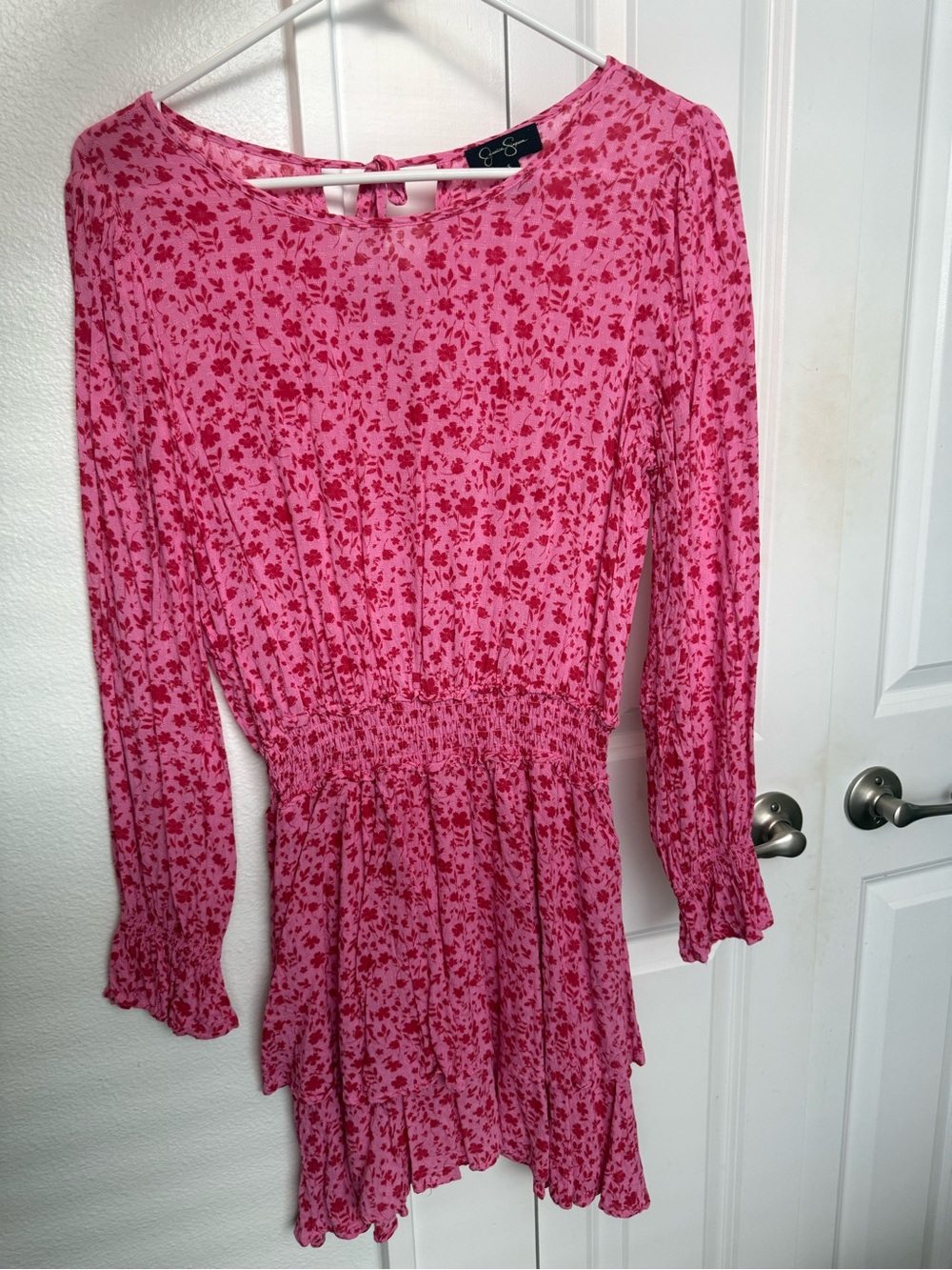 🌸 Jessica Simpson Pink Floral Long Sleeve Mini Dress Women’s Boho Style Dress